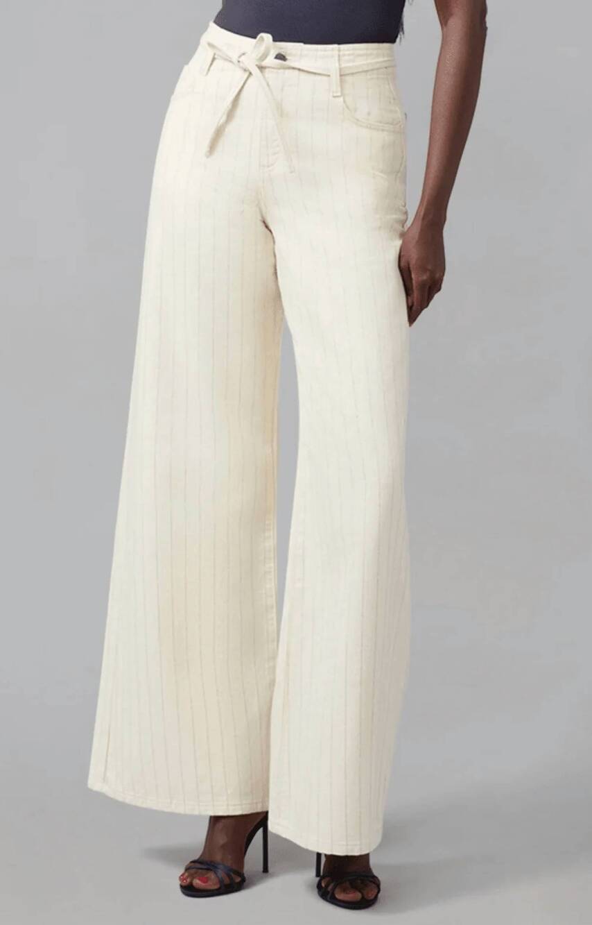 NEW LOLA DENIM ultra rise wide leg pin striped jeans in silver lining